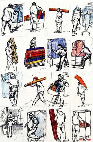 Sue Coe, Sixteen Drawings of Workers in the Fashion District, 1994