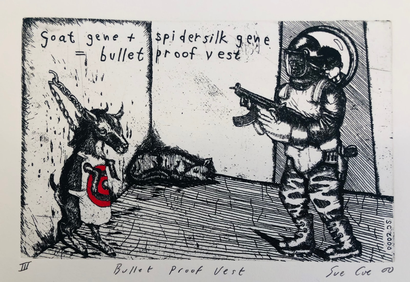 Sue Coe, Spider Silk Gene/Bullet Proof Vest, 2000