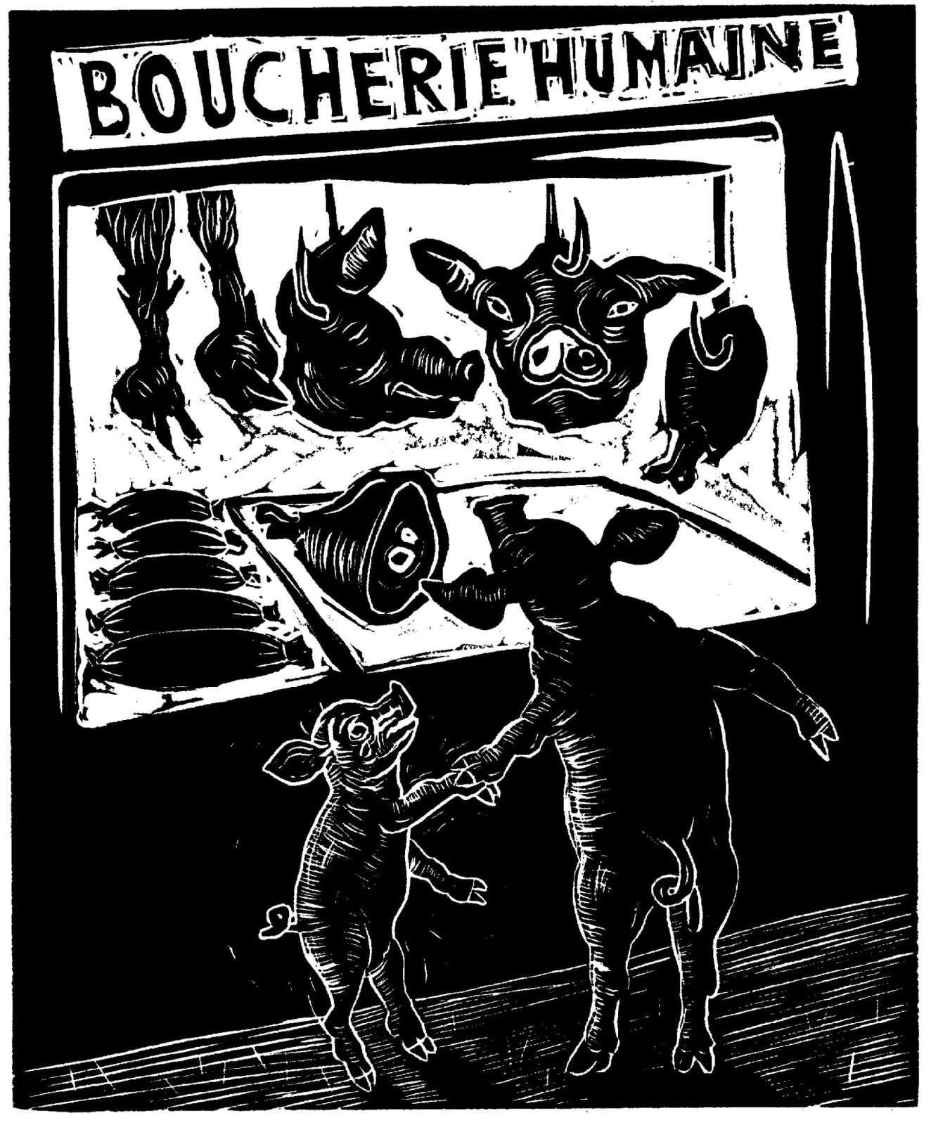 Sue Coe, Boucherie Humaine ("Humane" Butchery), 2016
