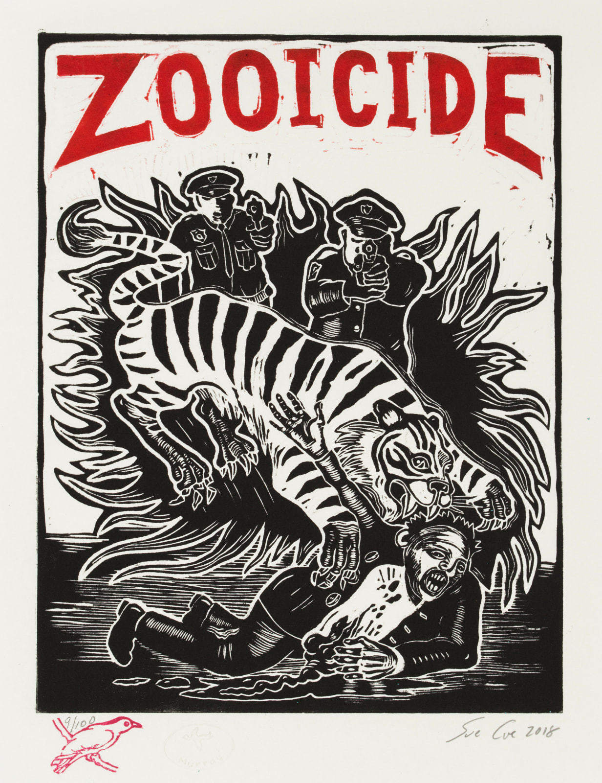 Sue Coe, Zooicide: Death by Cops (Tiger Disembowels Man), 2018