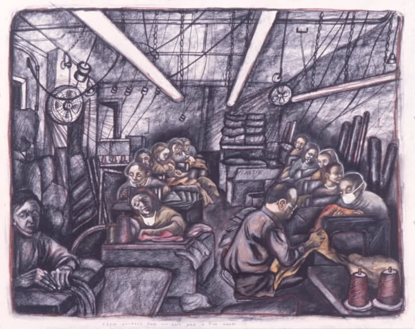 Sue Coe, These Workers Have Not Been Paid in Five Weeks, 1994