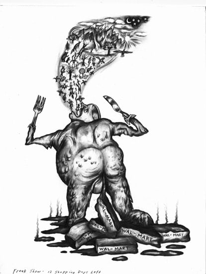 Sue Coe, Freak Show : 12 Shopping Days Left (Consume), 2004