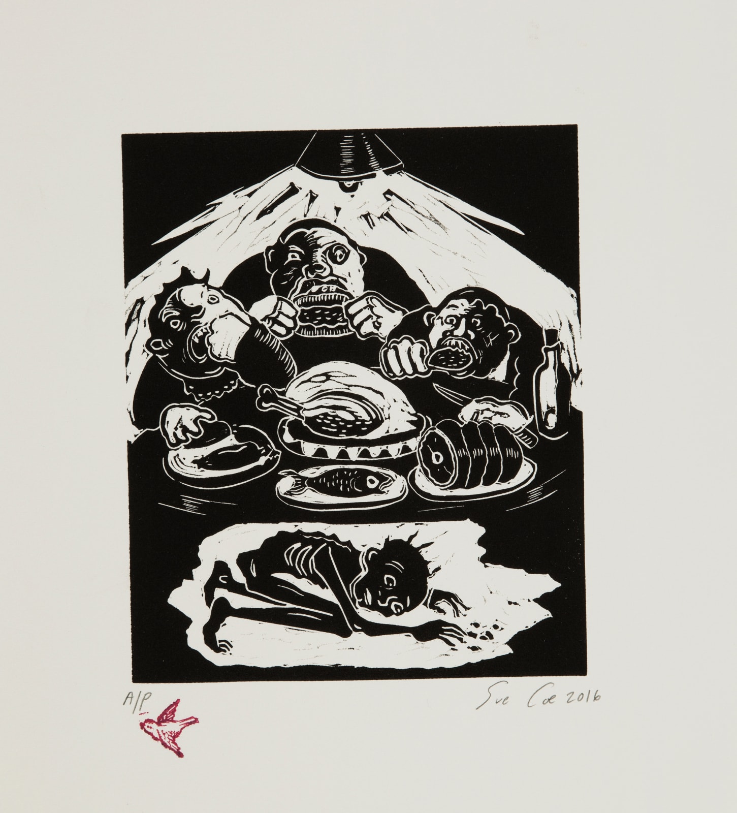 Sue Coe, Meat Starves Children, 2016