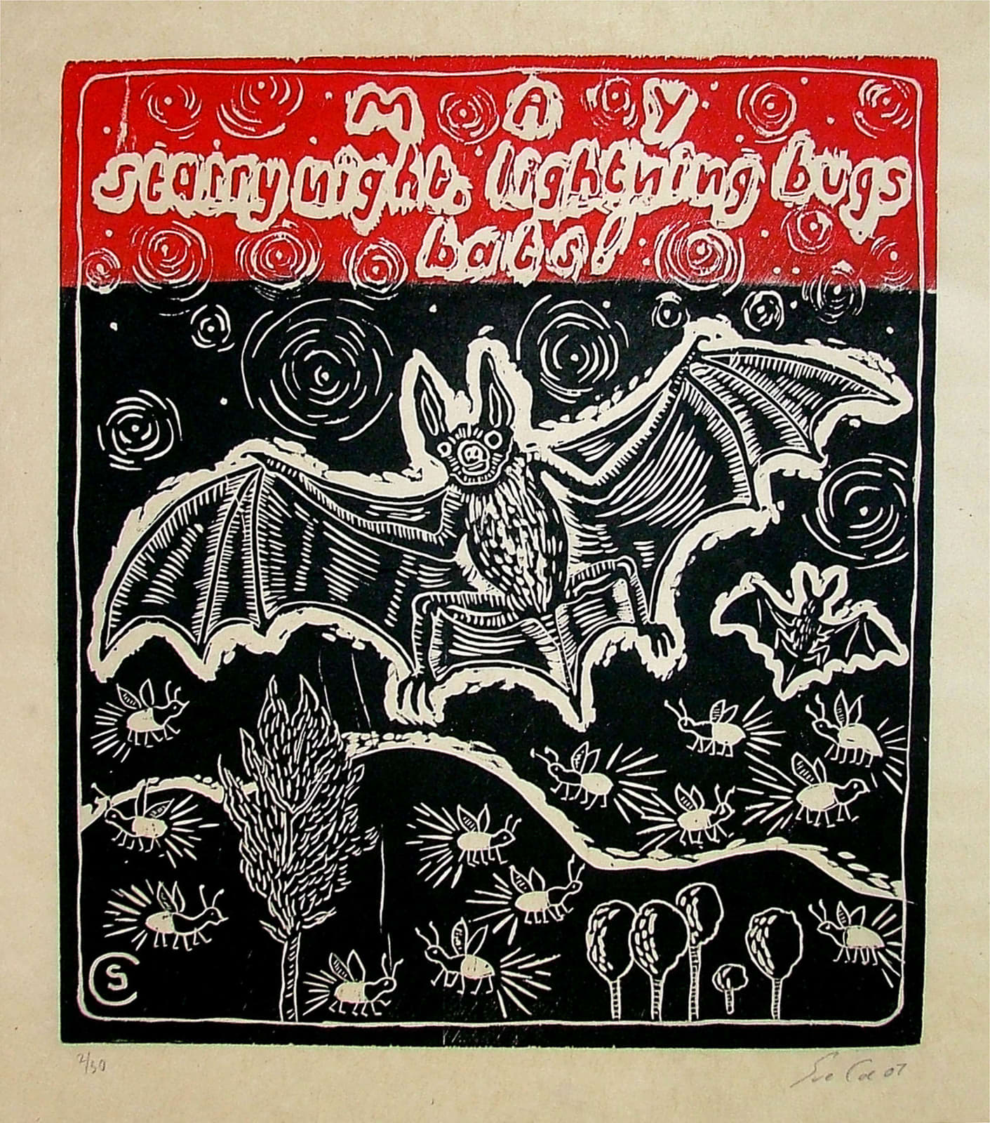 Sue Coe, May: Starry Night Lightning Bugs Bats!, 2007