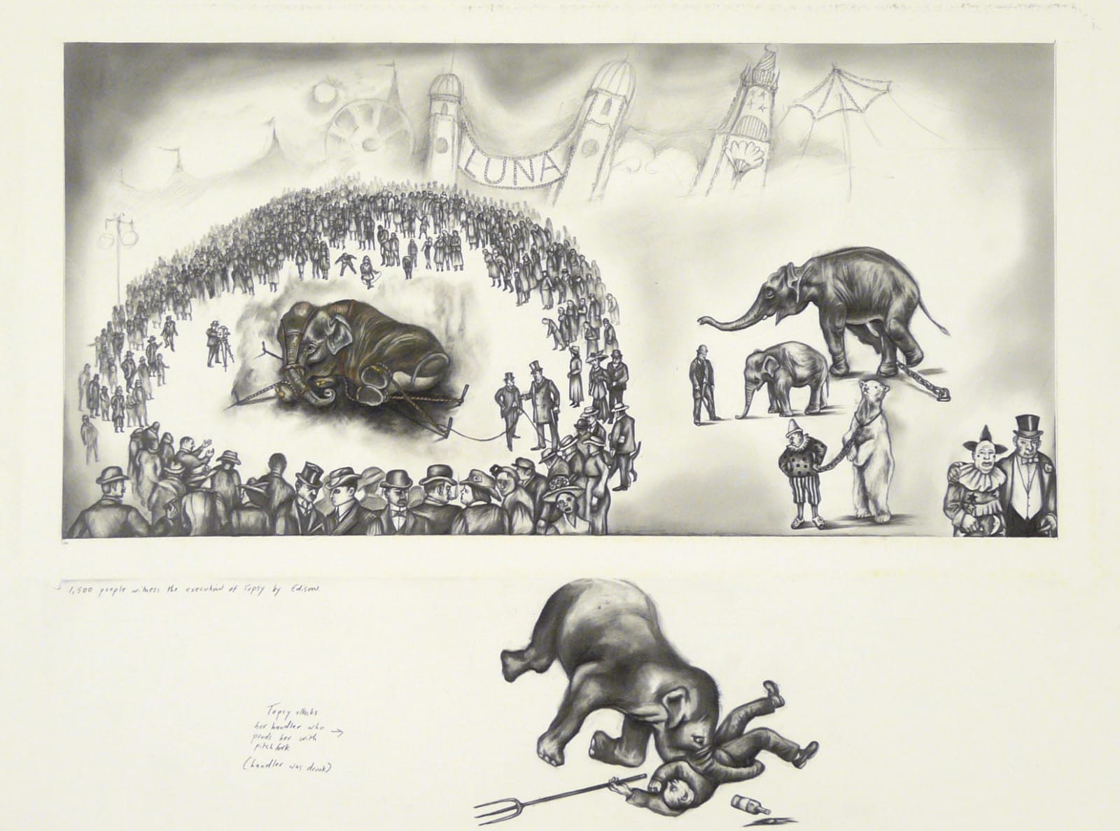 Sue Coe, Topsy Attacks Her Handler, 2007