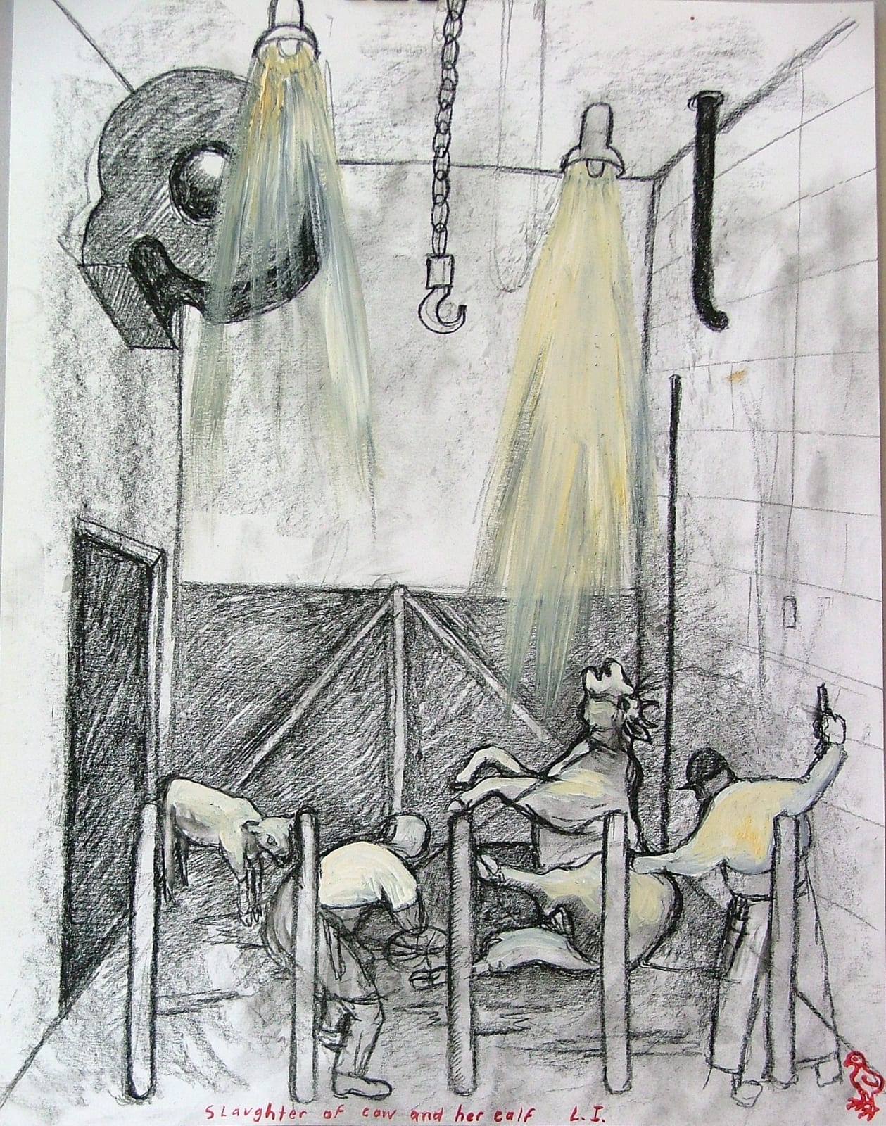 Sue Coe, Slaughter of Cow and her Calf, L.I., 1990