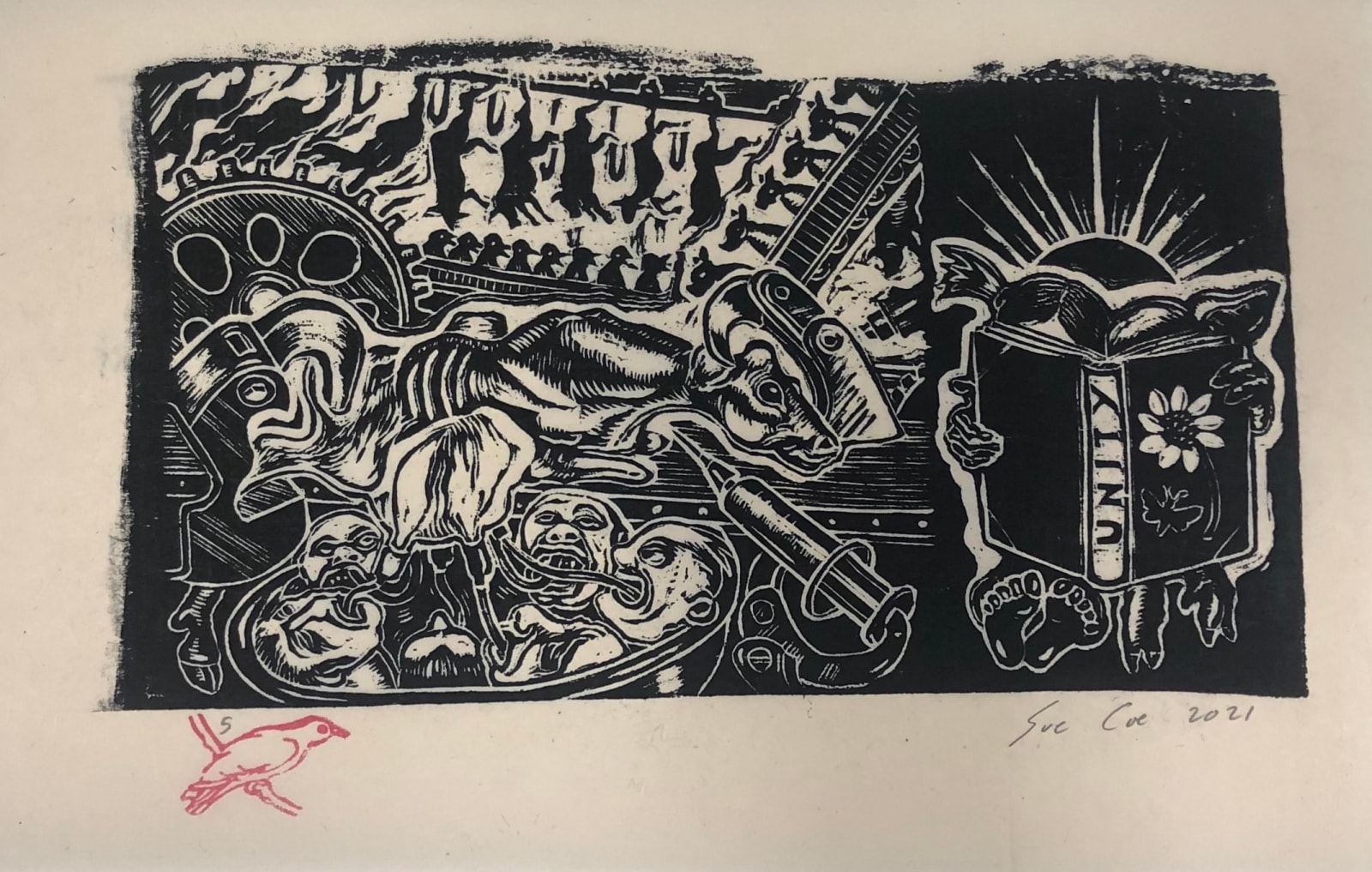 Sue Coe, Cow in the Machine, 2021