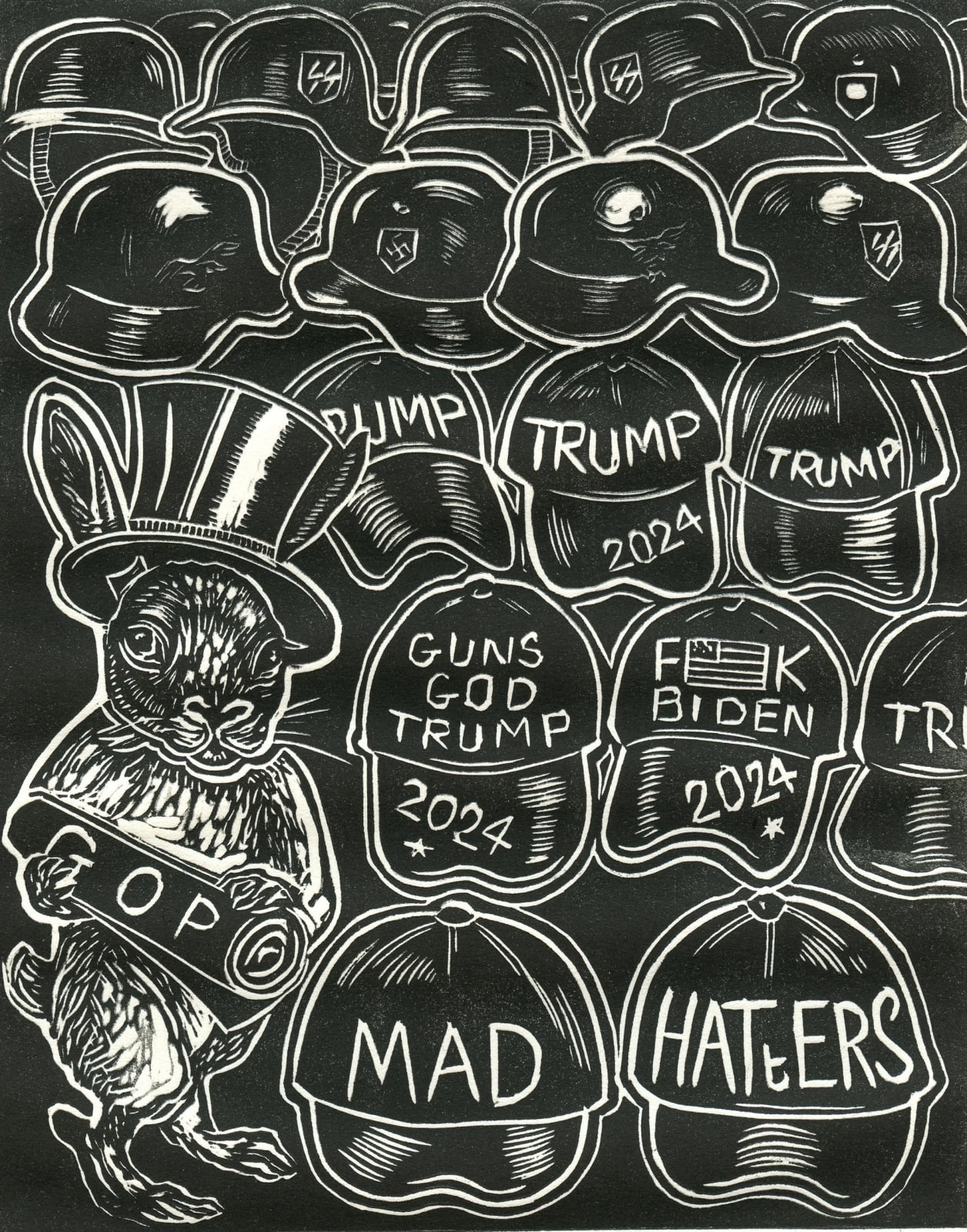 Sue Coe, Mad Hatter (Down the Rabbit Hole), 2023