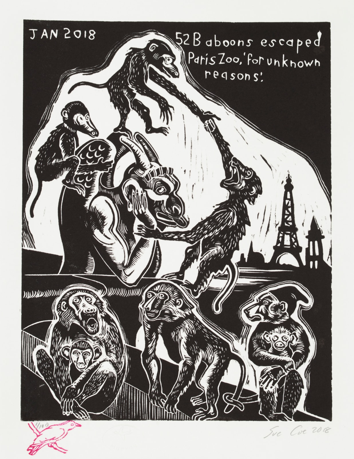 Sue Coe, 52 Baboons Escaped Paris Zoo for "Unknown Reasons", 2018