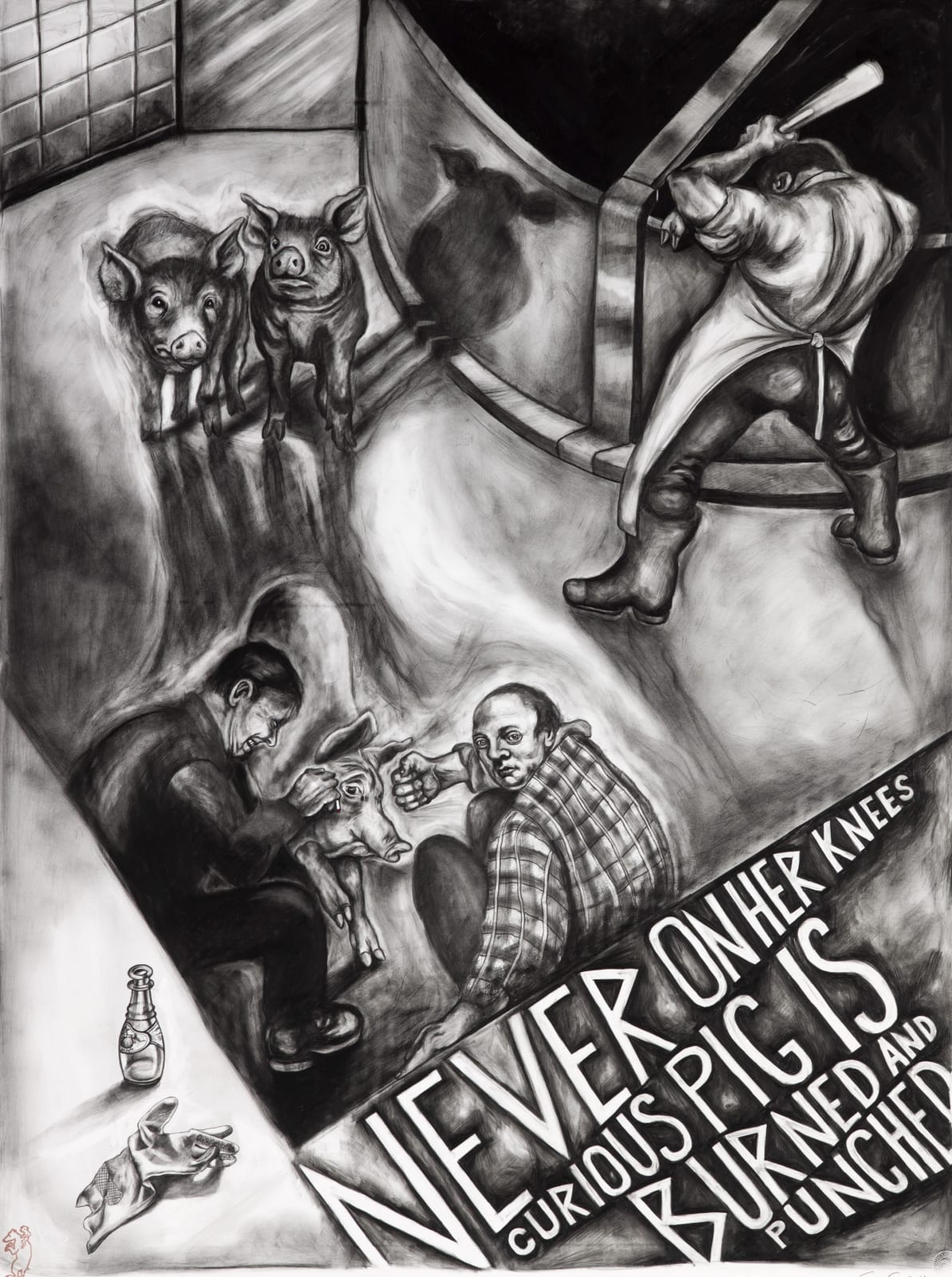 Sue Coe, Never on Her Knees, Curious Pig is Burned and Punched, 2012