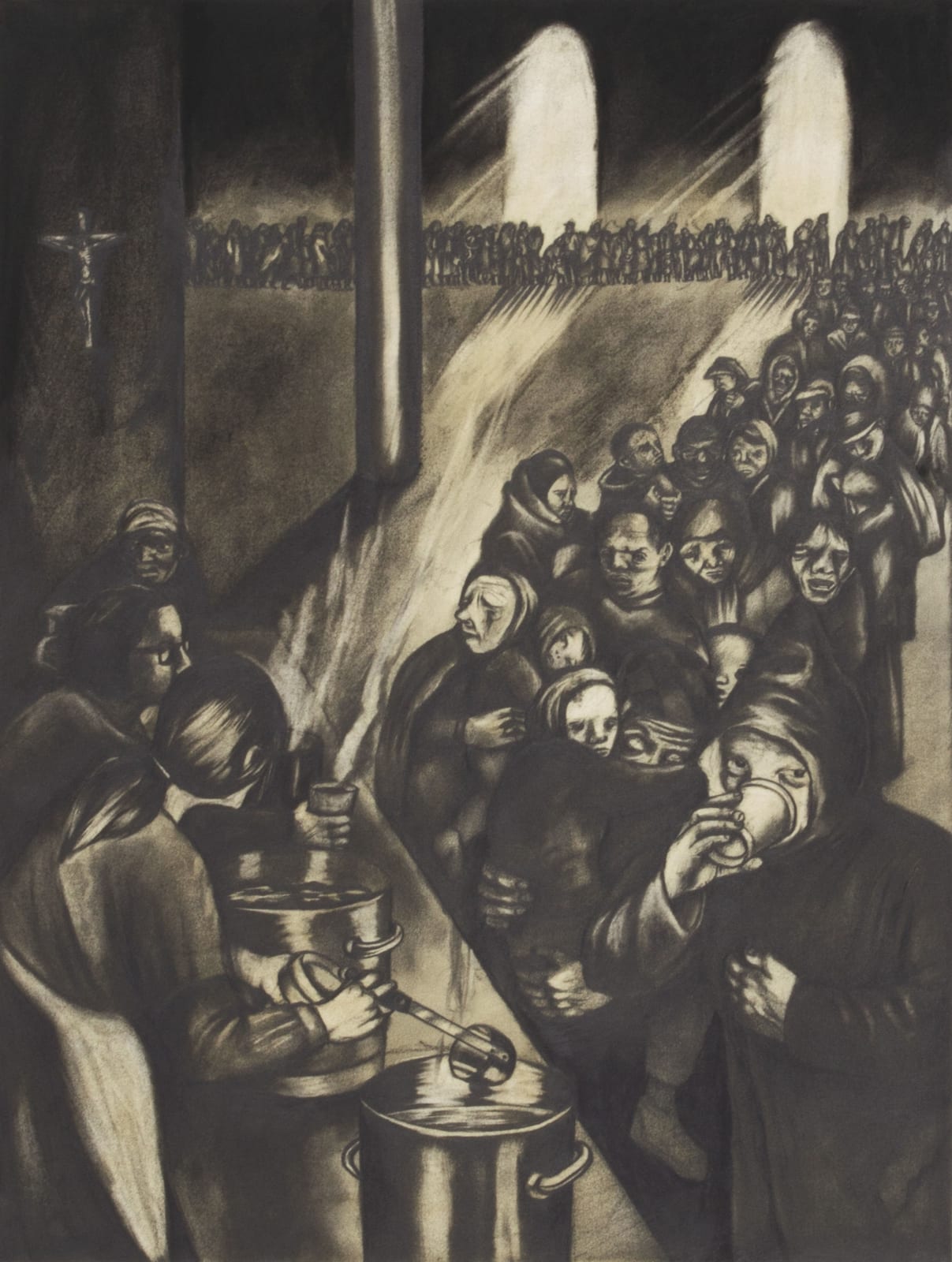 Sue Coe, NY Soup Kitchen a Week Before Xmas, 1992