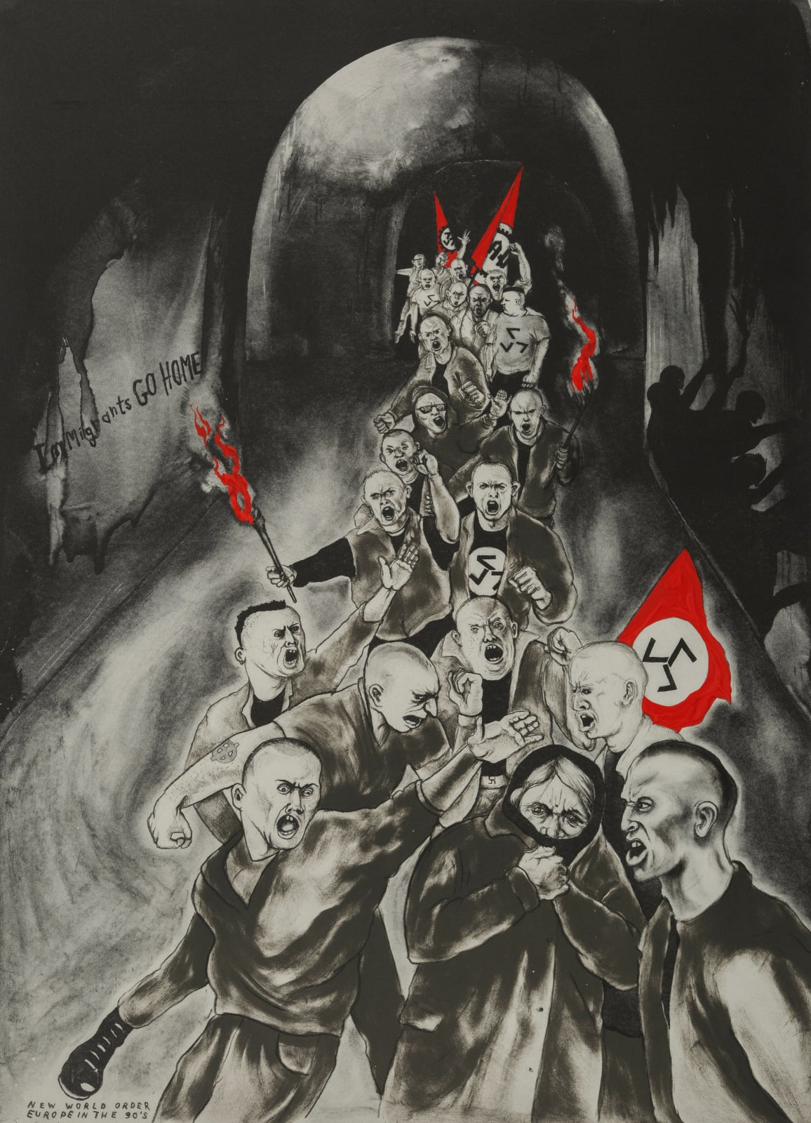 Sue Coe, New World Order, Europe in the 90's: Immigrants GO HOME, 1993