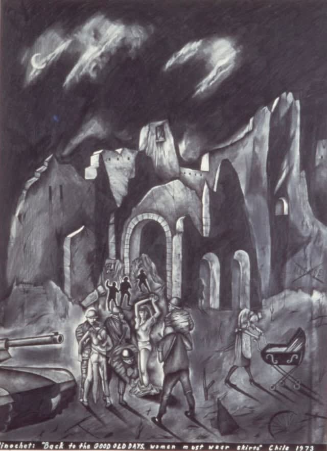 Sue Coe, Pinochet: Back to the Good Old Days, Women Must Wear Skirts, Chile 1973, 1987