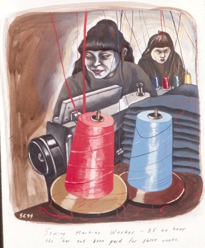 Sue Coe, Sewing Machine Worker – $5 an Hour, 1994
