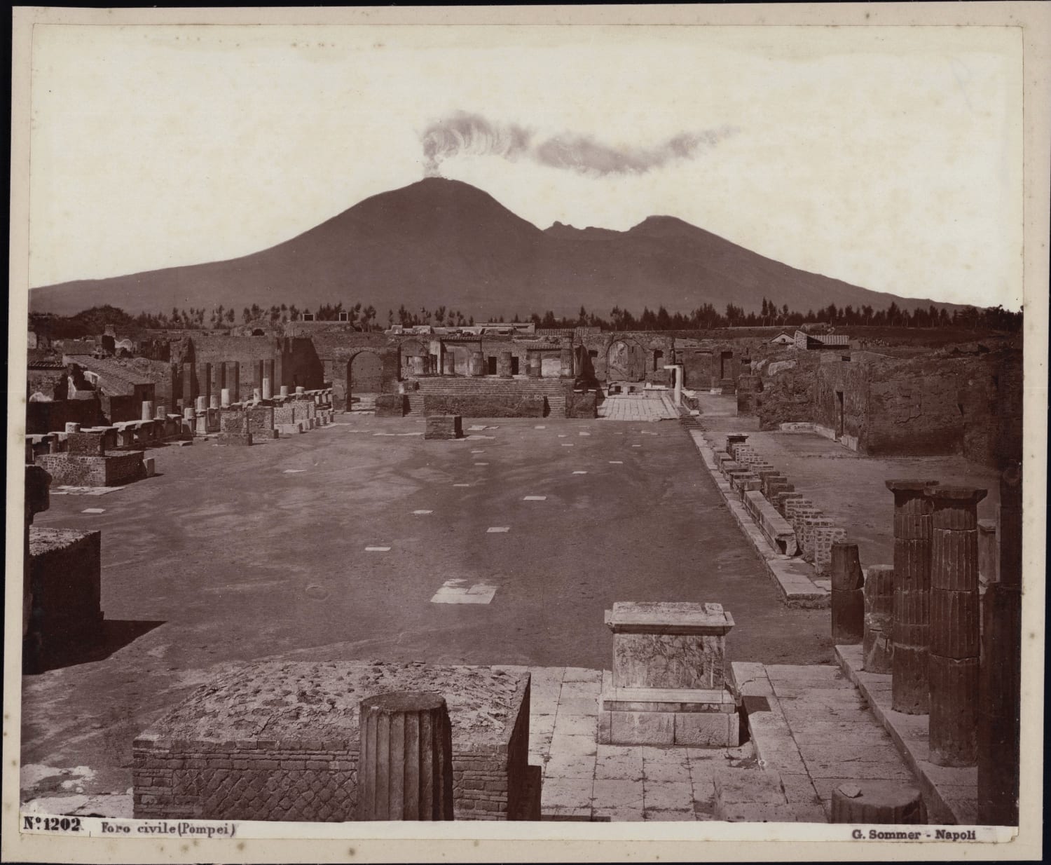 Giorgio Sommer, Pompeii, Italy, Foro Civile, Smoke Rising from Vesuvius, c. 1880