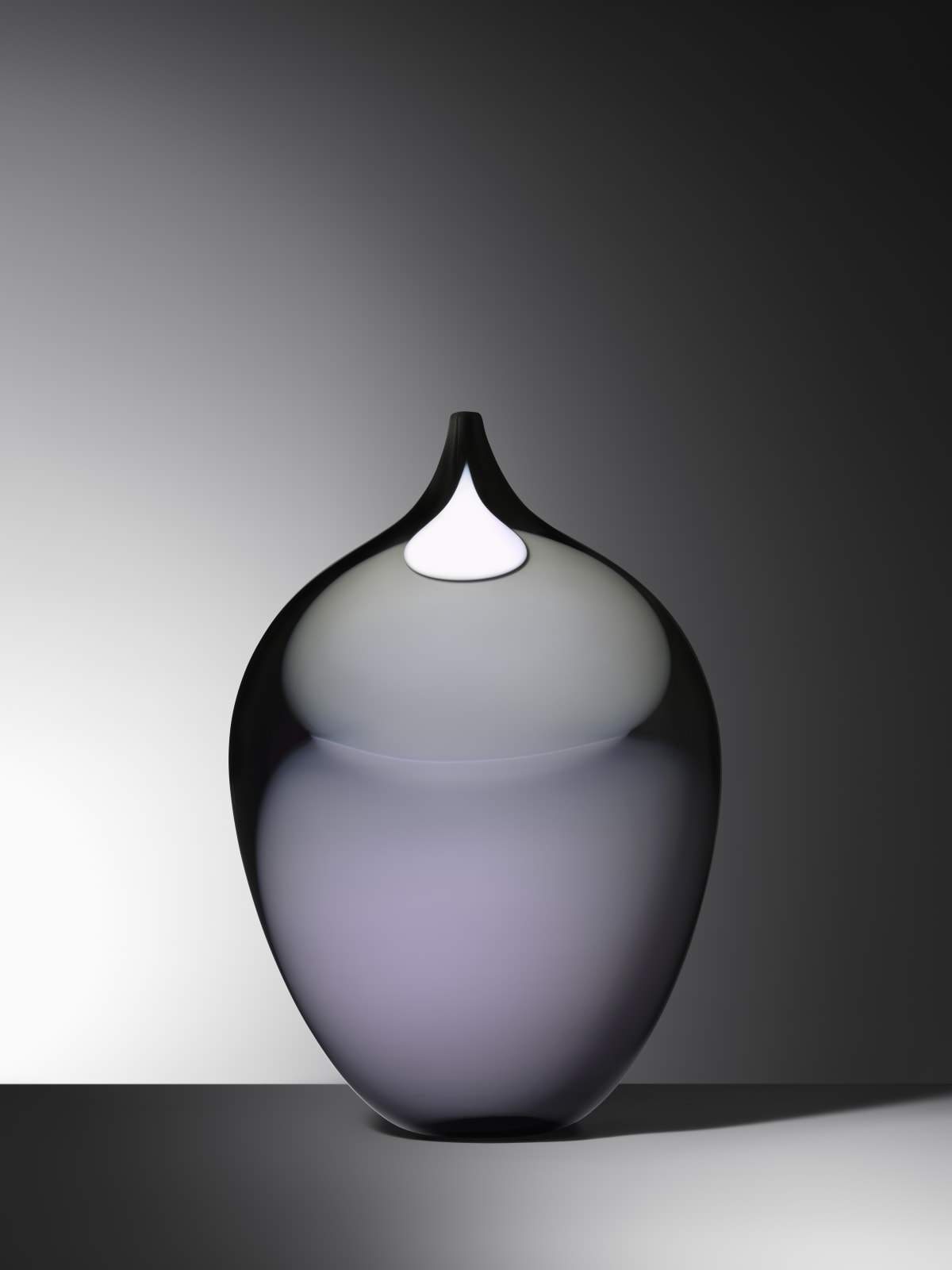 Glasverk, oval, liten hals, svart, lila, vit droppe