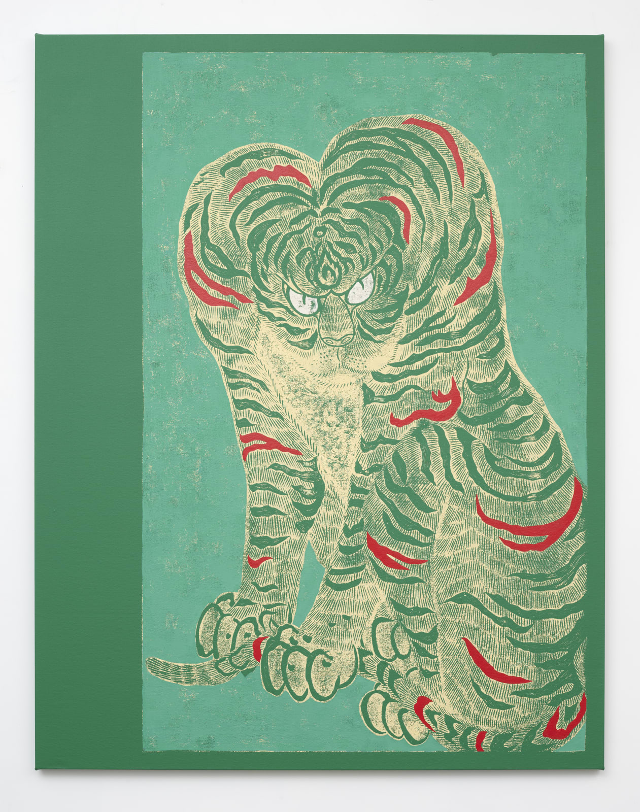 Kour Pour, Tiger with Red Stripes Inside 2 Green Rectangles, 2022