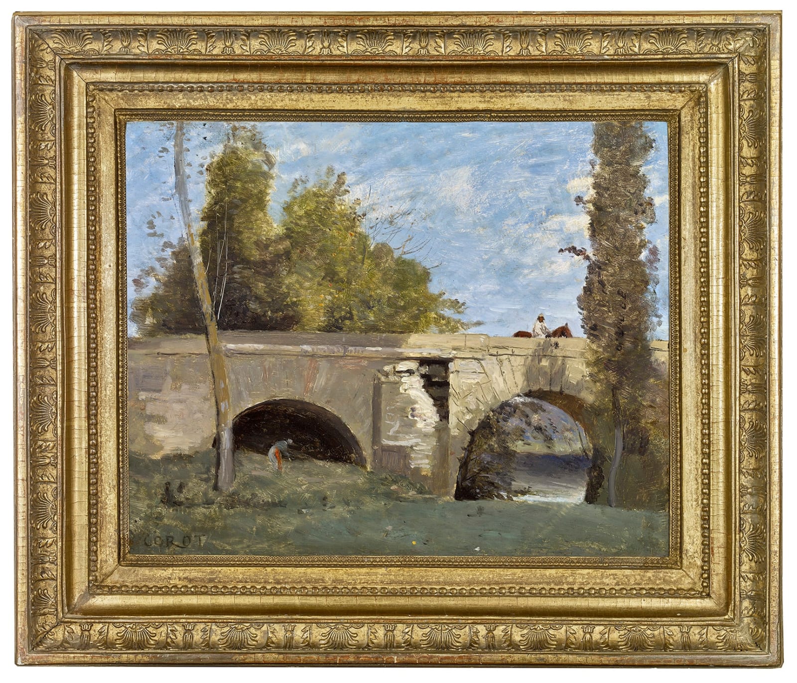 Jean-Baptiste-Camille Corot, MANTES-DEUX ARCHES DU PONT AVEC UN CAVALIER, circa 1865-1870