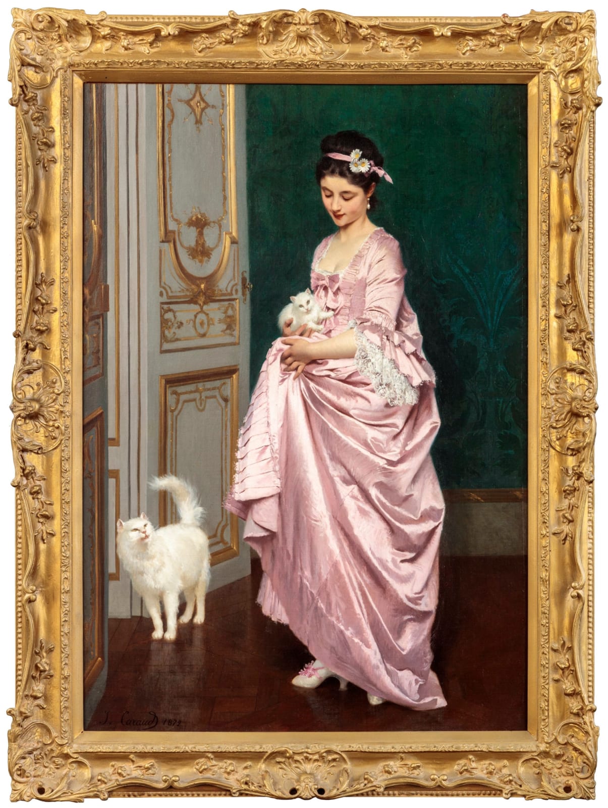 Joseph Caraud, ELEGANT YOUNG WOMAN WITH TWO WHITE CATS, 1872