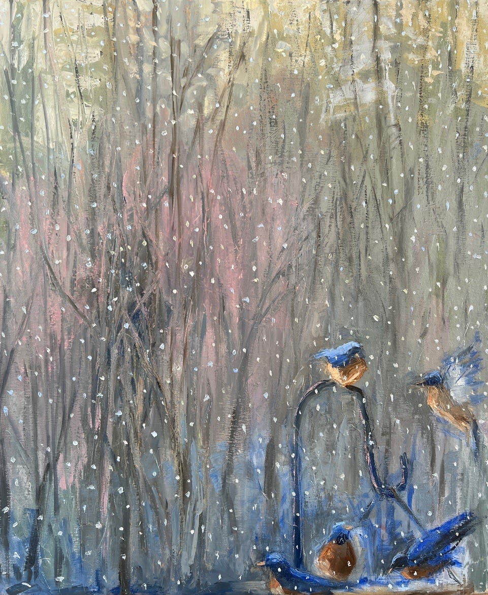 Louise Bourne, Snow and Bluebirds, 2025