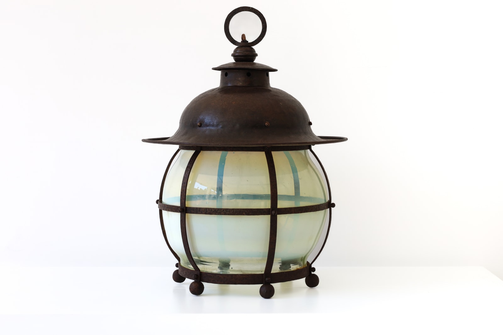 Unknown Designer, Rare, Large Arts and Crafts Lantern with original vaseline glass shade, c.1900