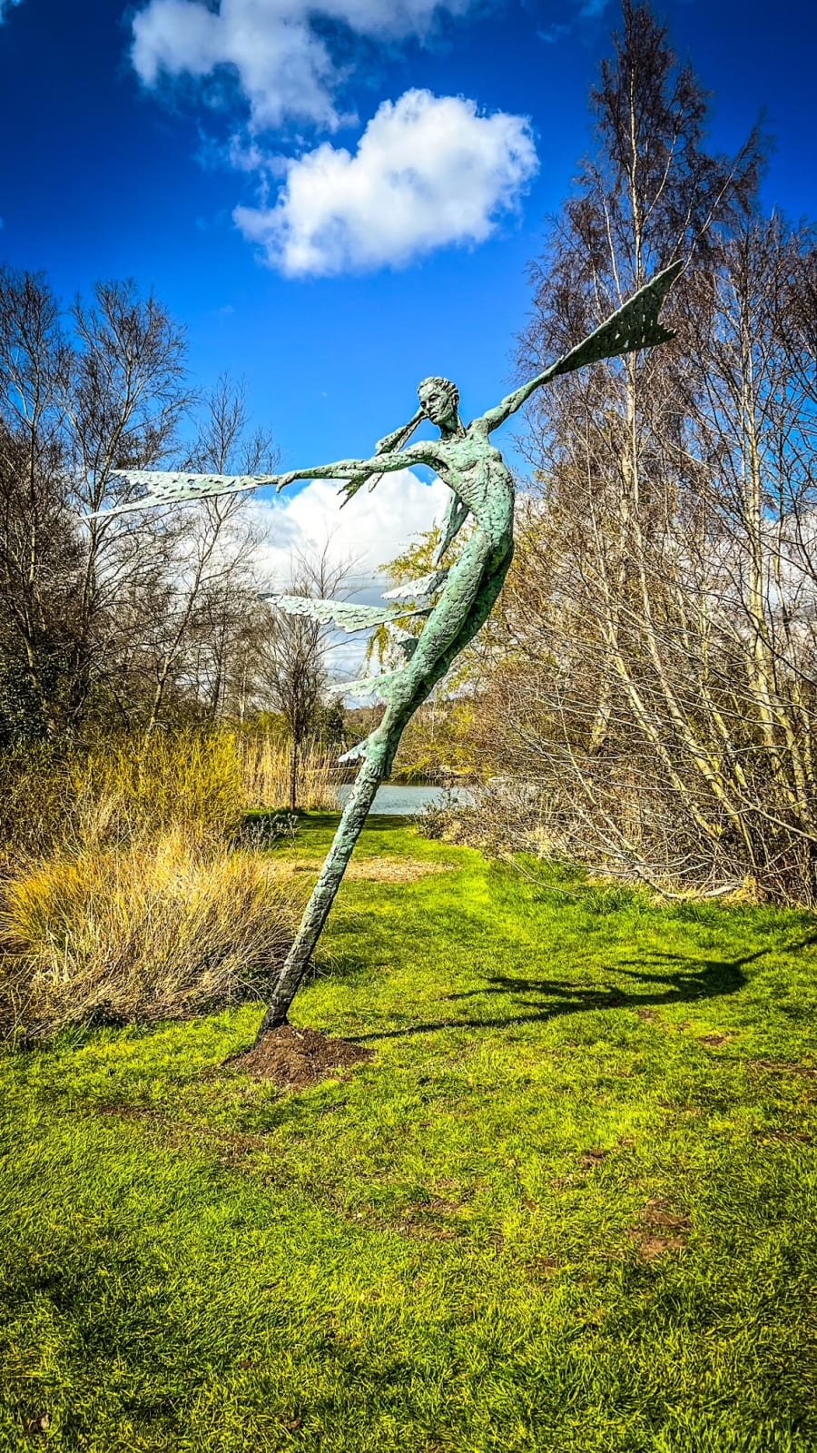 A monumental bronze sculpture of a winged female stands in front of trees at a Dorset sculpture park, Sculpture by the Lakes