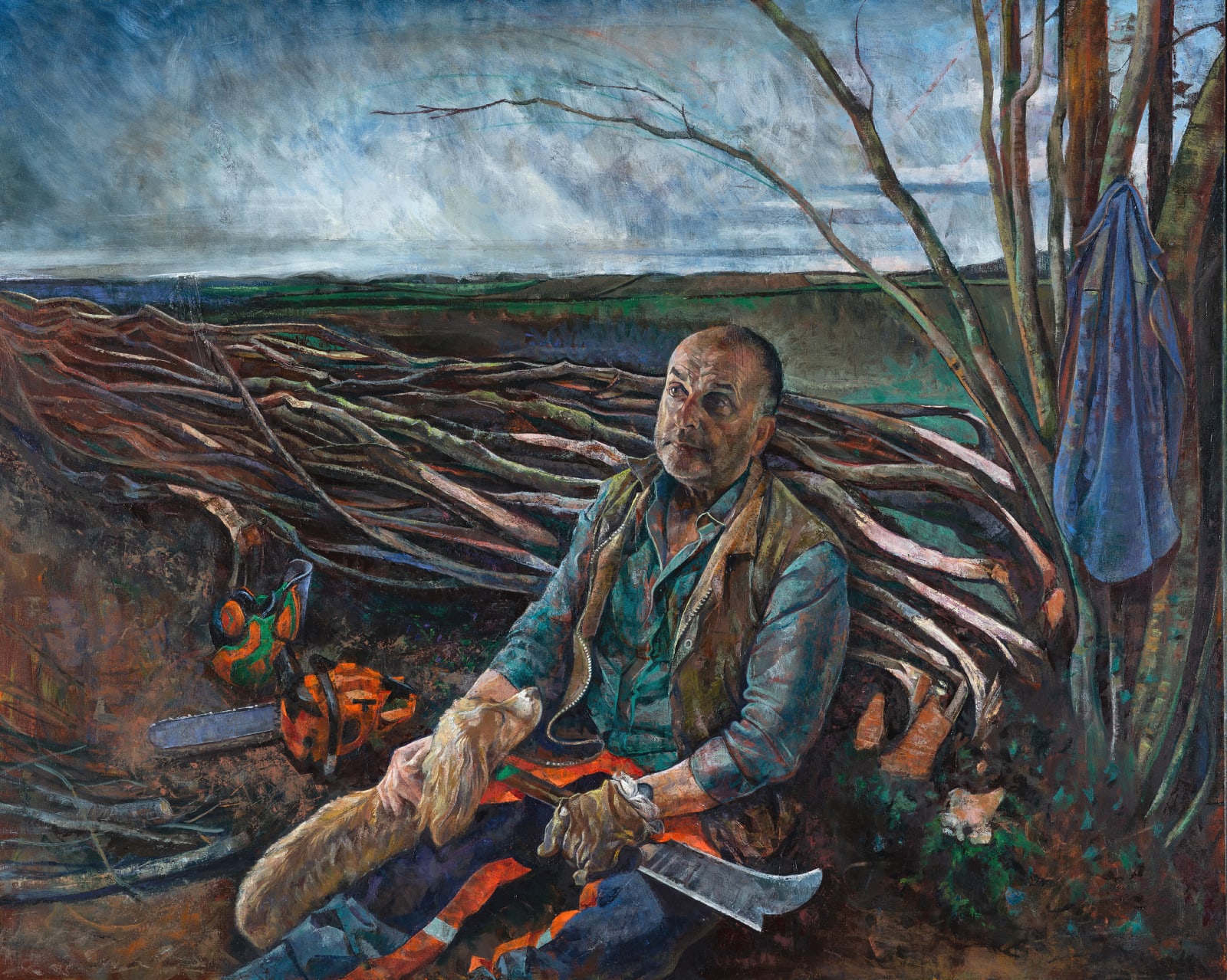 Toby Wiggins, Winter's Work; Russell Woodham at rest while laying a hazel hedge in the Dorset Style