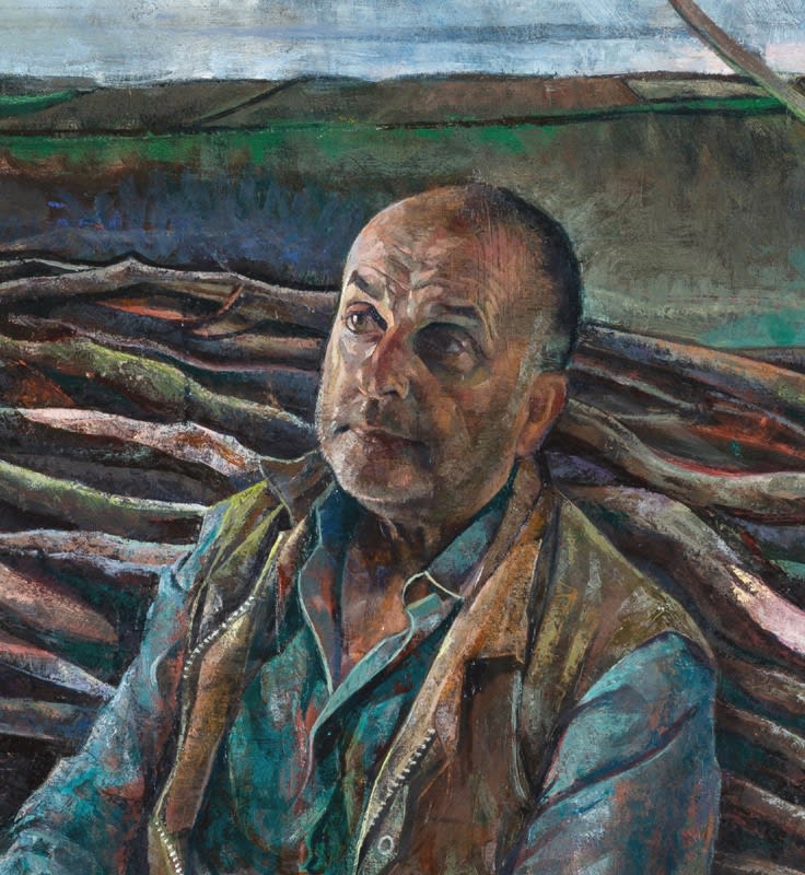 Toby Wiggins, Winter's Work; Russell Woodham at rest while laying a hazel hedge in the Dorset Style