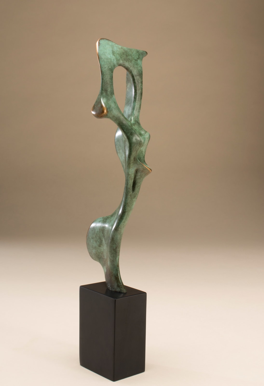 Abstract bronze sculpture of Bone form by sculptor Nicola Godden, displayed on plinth