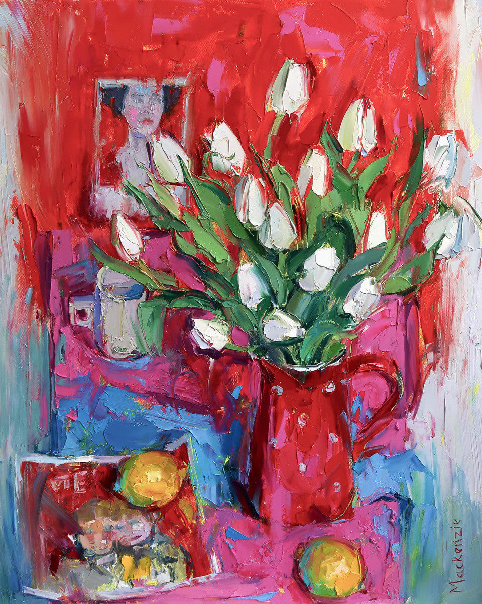 Jennifer Mackenzie, White Tulips in a Spotty Jug