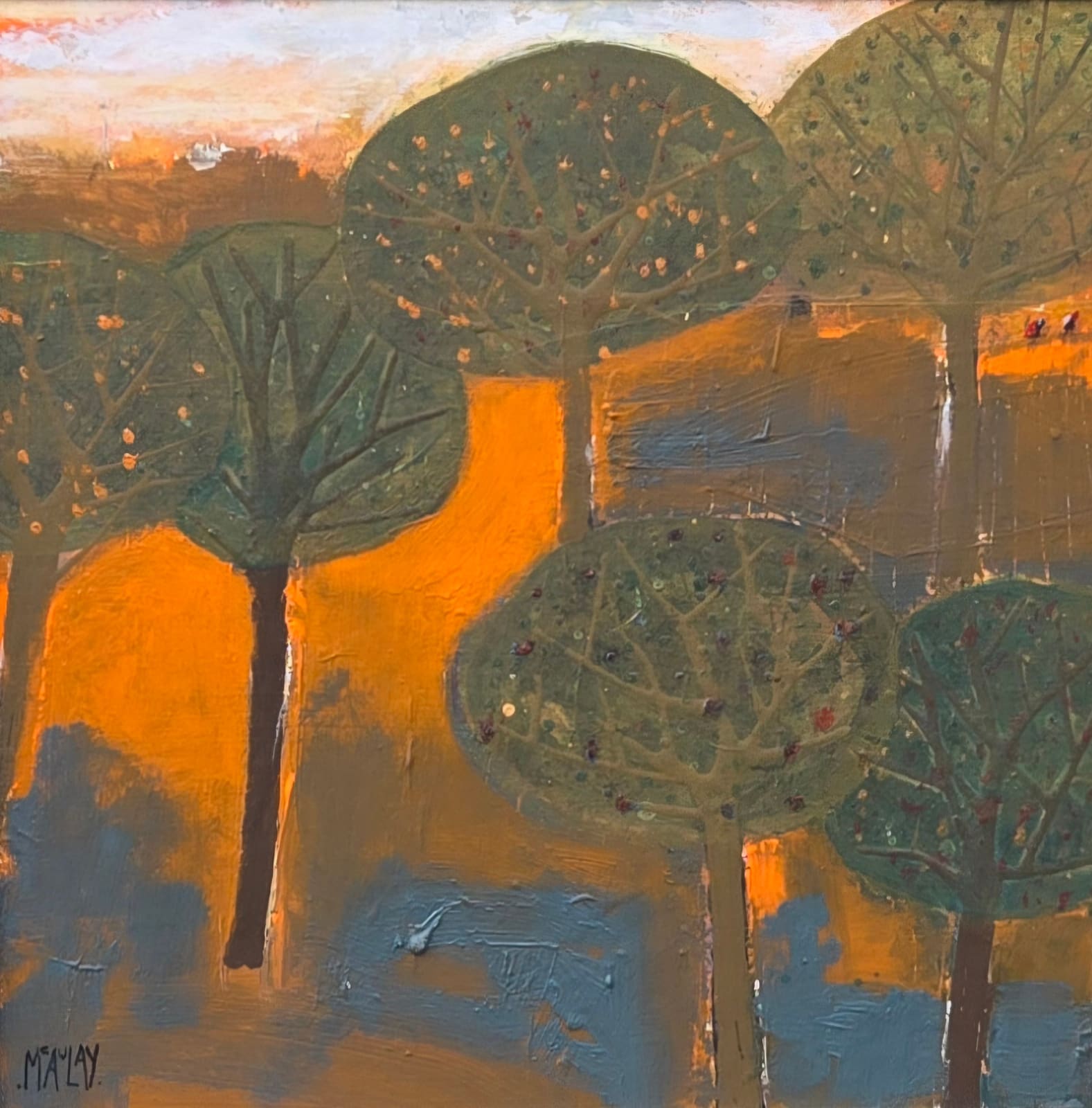 Robert McAulay, Six Stylised Trees, Two Figures and a Sunset