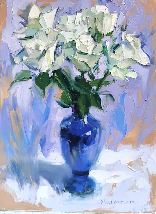 Jennifer Mackenzie, White Roses in a Blue Vase