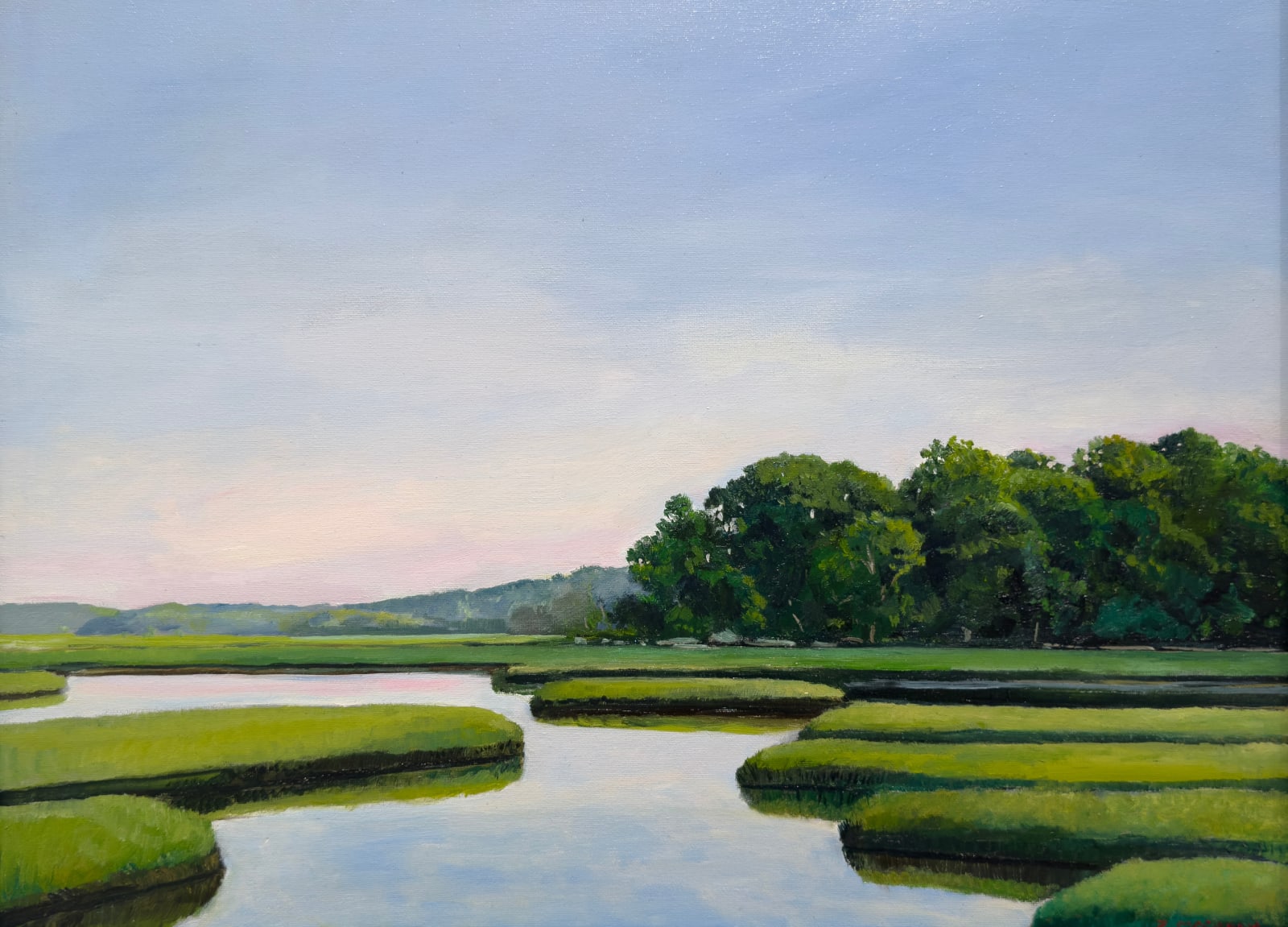 Painting of a river marsh with bushes and landscape