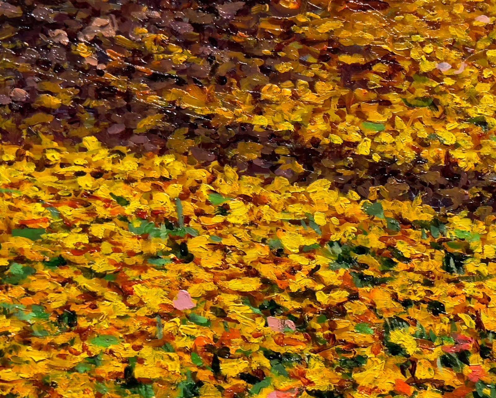 Painting of autumn leaves with a tree trunk