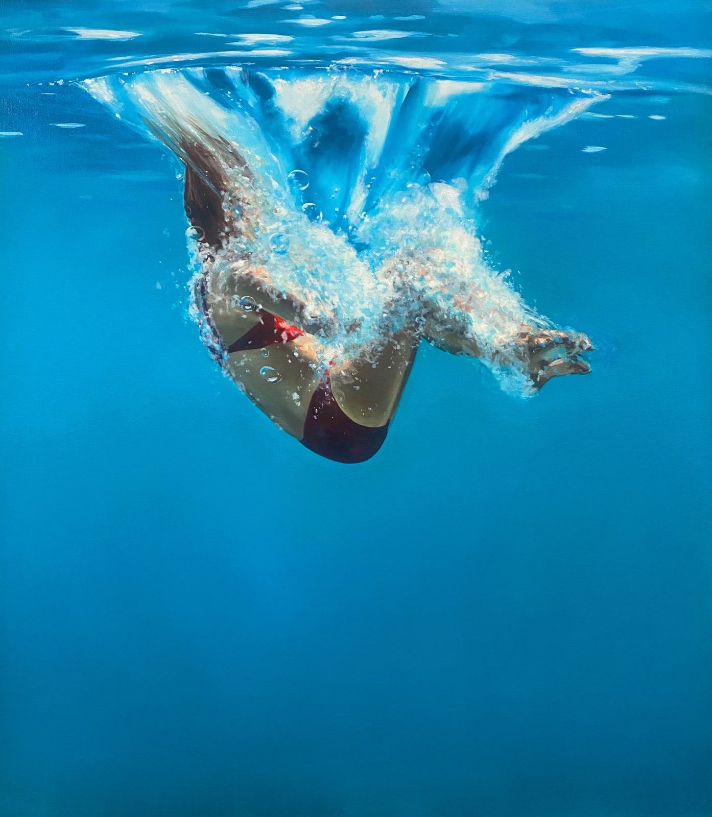 Oil painting of girl impacting water's surface in a cannonball on canvas