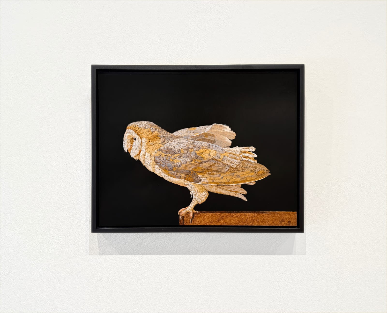 Painting of a brown owl on a ledge