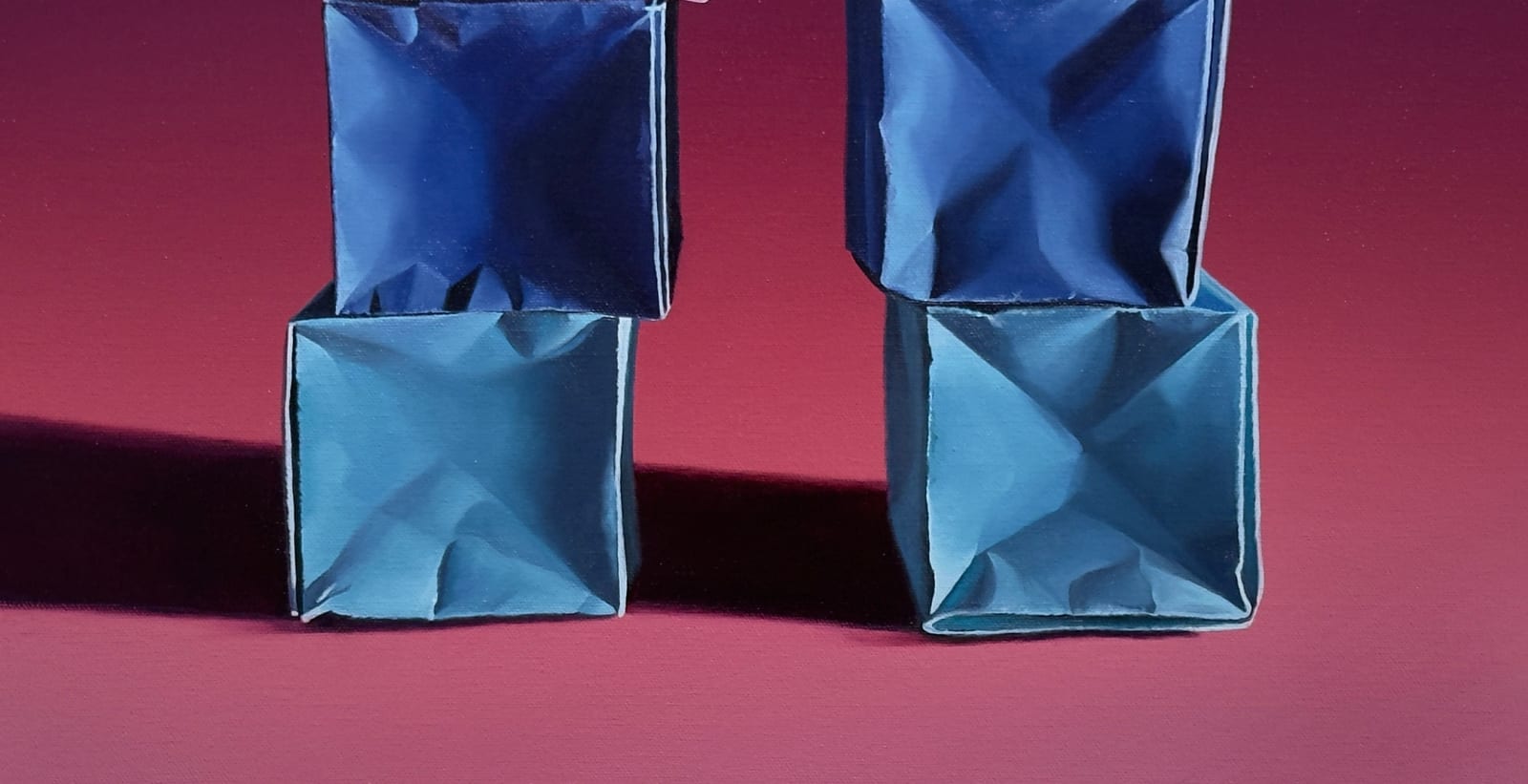 Painting of two towers of paper boxes on a pink/blue gradient background