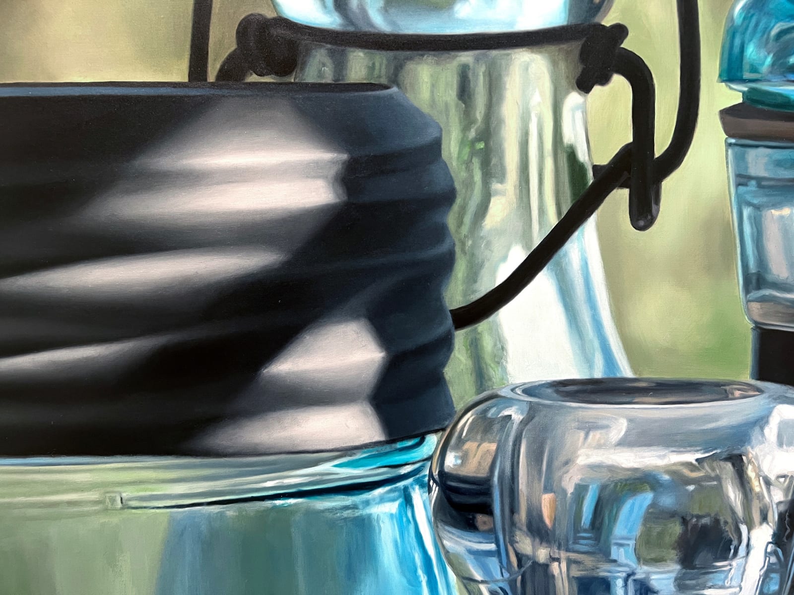 Oil painting of glass bottle tops up close on canvas