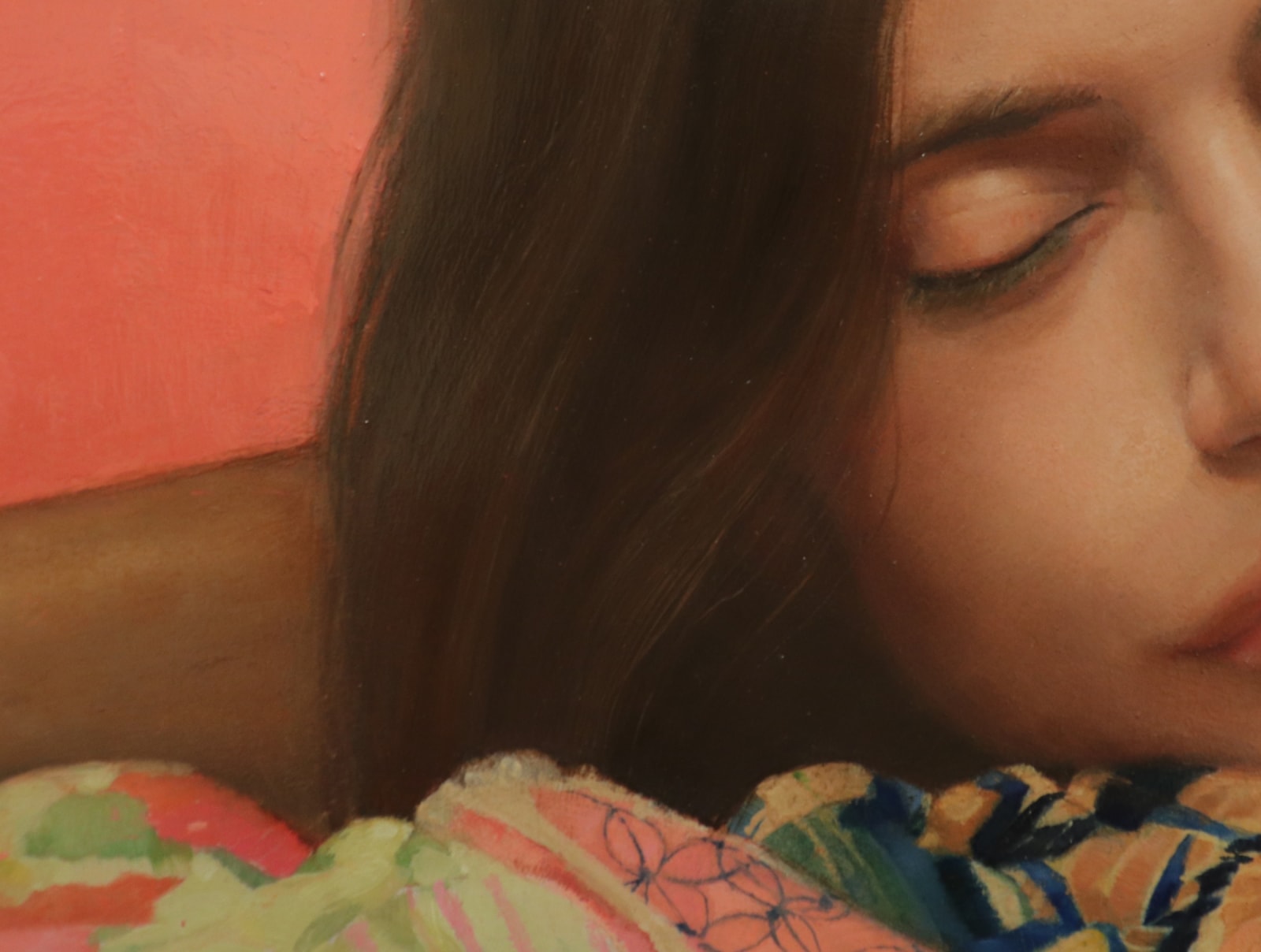 Figurative oil painting of girl sitting and clutching pillow on panel