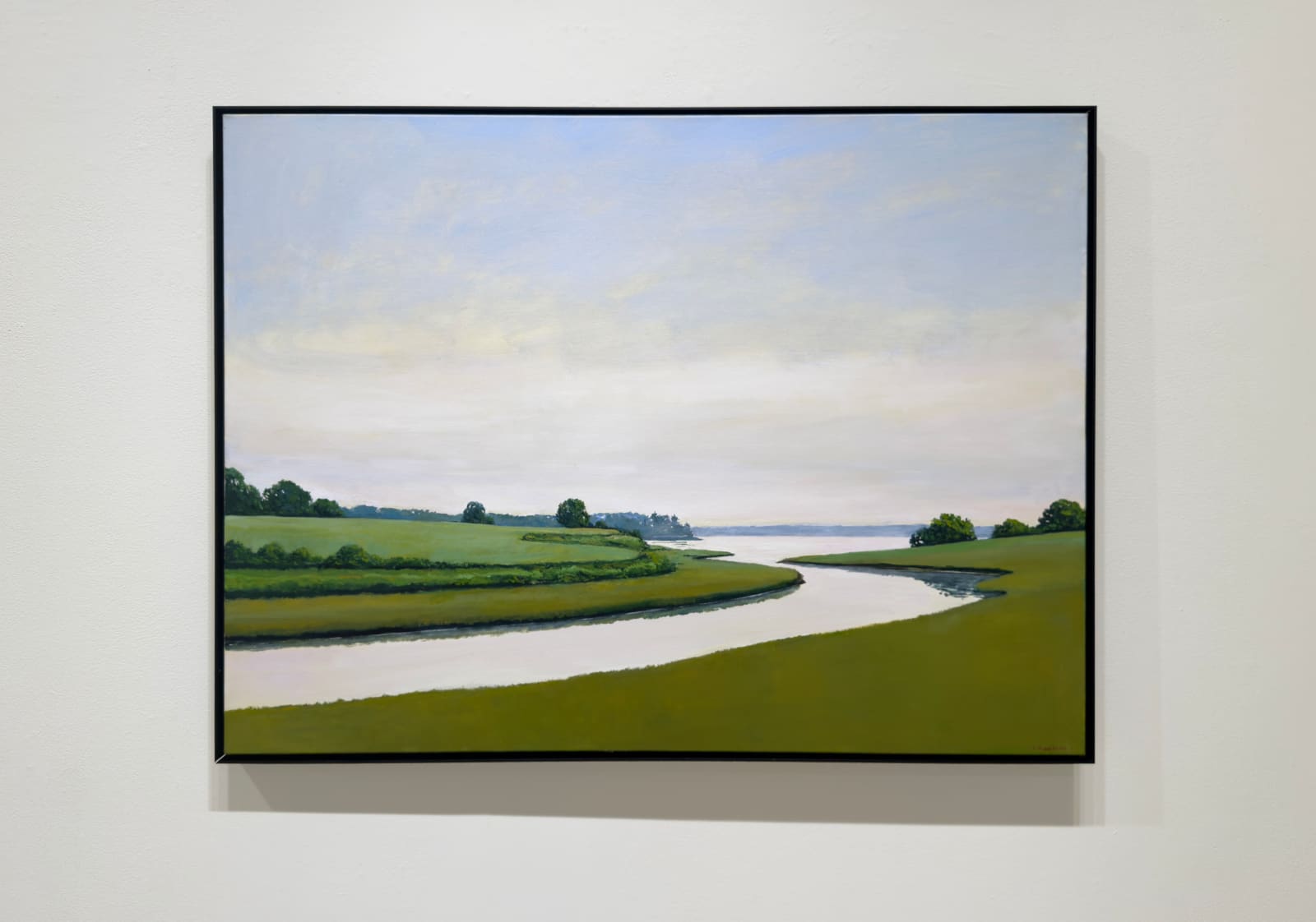 Painting of a river and riverbanks with bushes and trees in the background