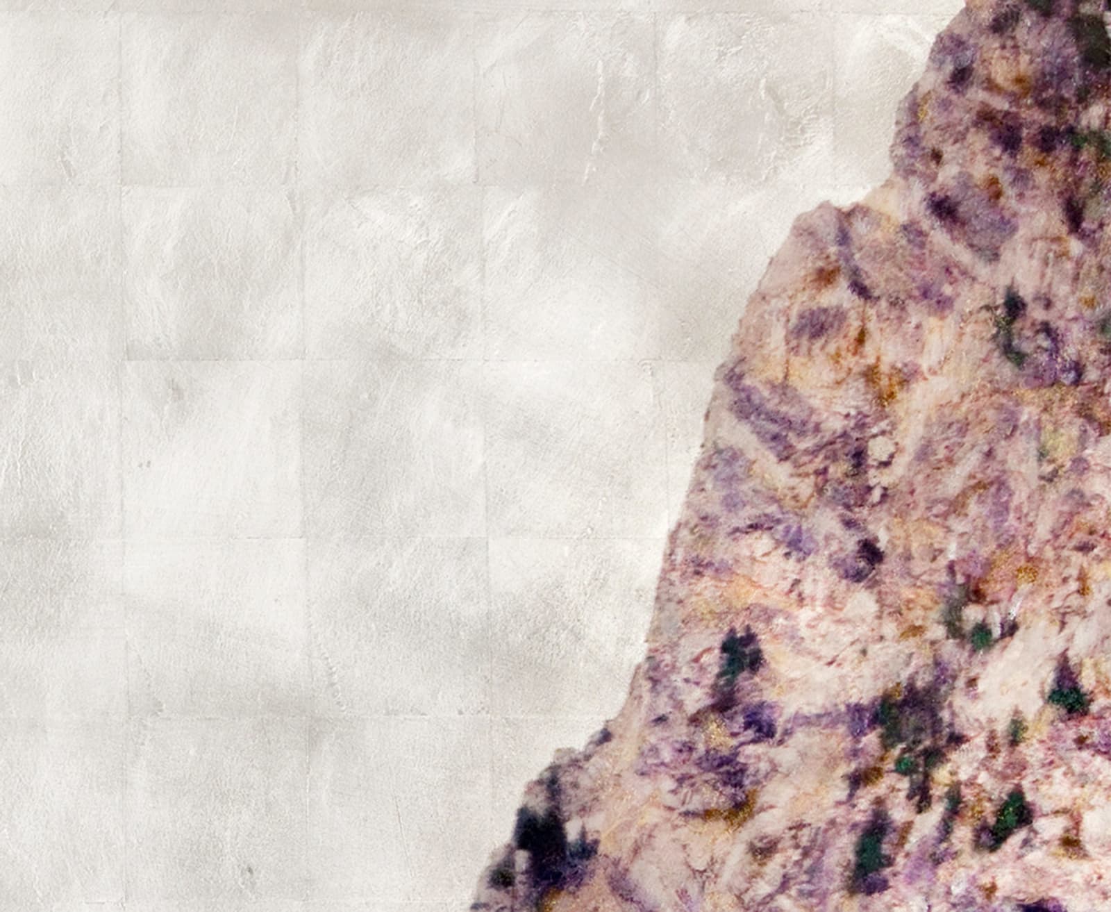 Mixed media work with Aged Silver Leaf with Pigment Print, Acrylic Paint, Watercolors, and Resin on Panel