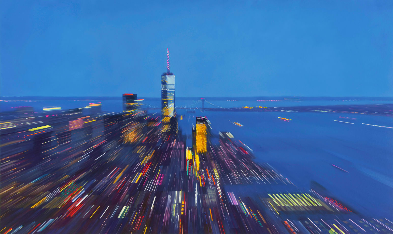 Impressionistic oil painting of city from distant aerial perspective on canvas, view the World trade Center, Downtown Manhattan, the Hudson River and Verrazano Bridge at dusk, Hudson Yards and Chelsea Piers are viewable on the right