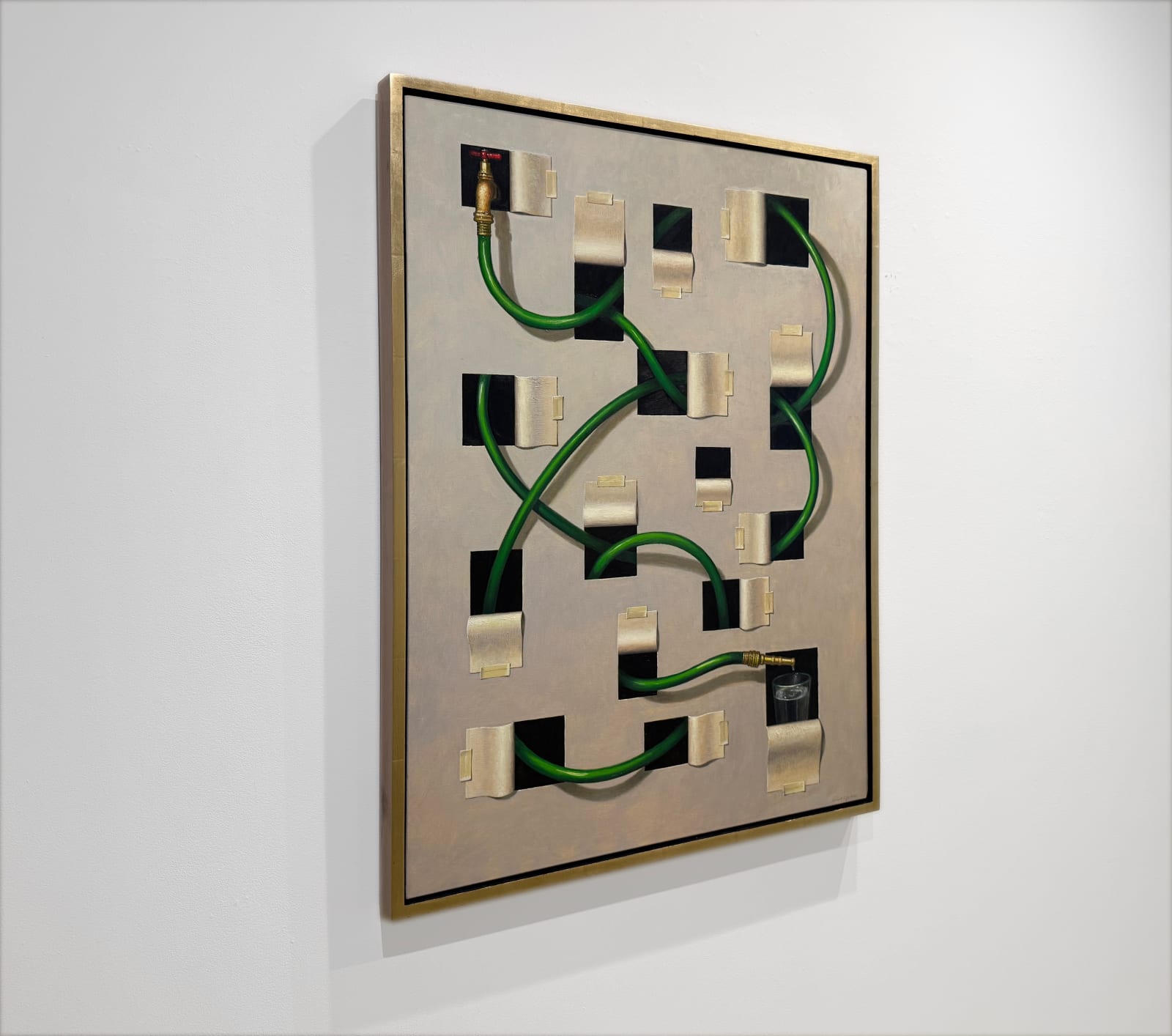 Painting of a hose winding through paper cut outs