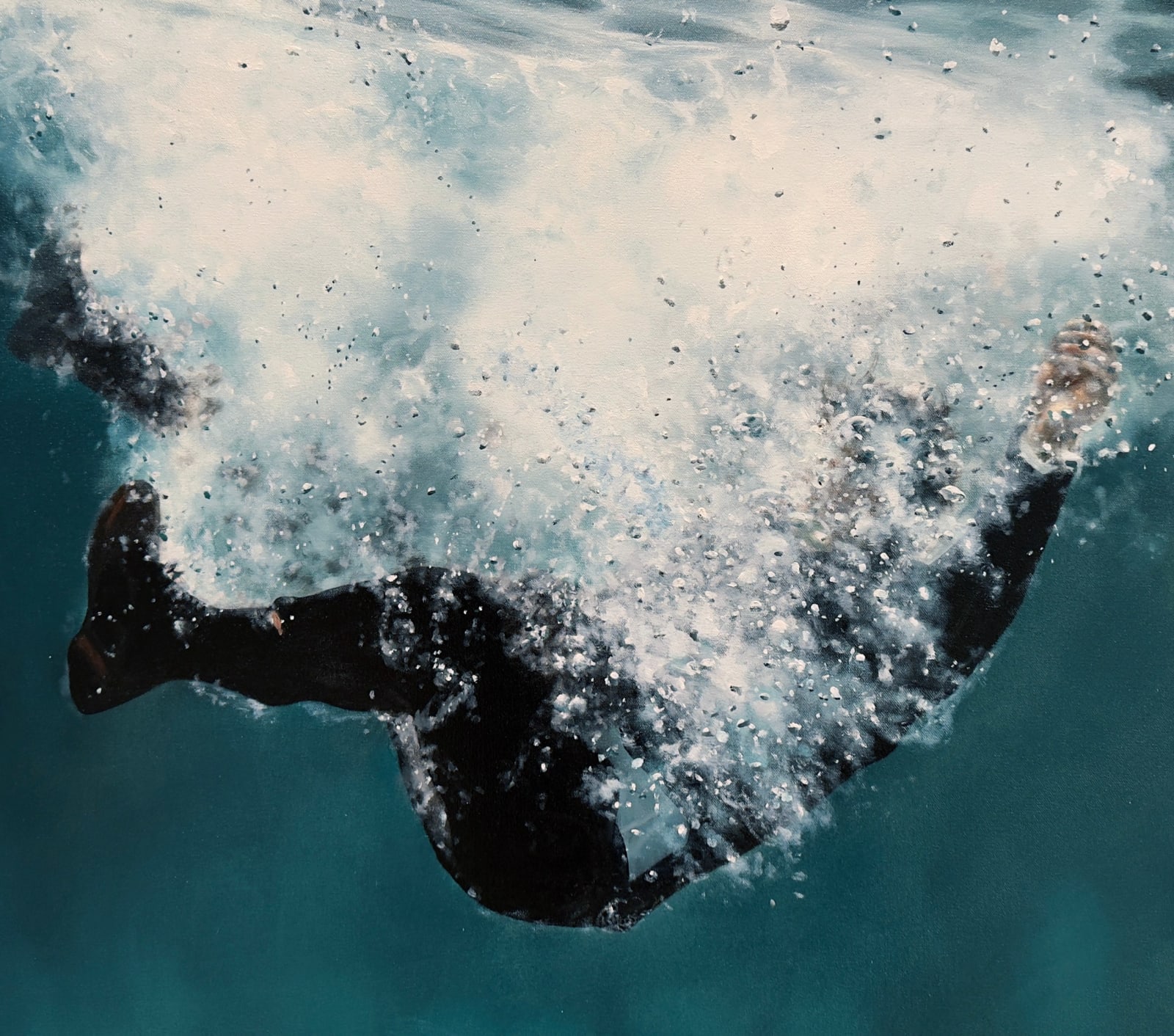 painting of a man in a business suit in a pool