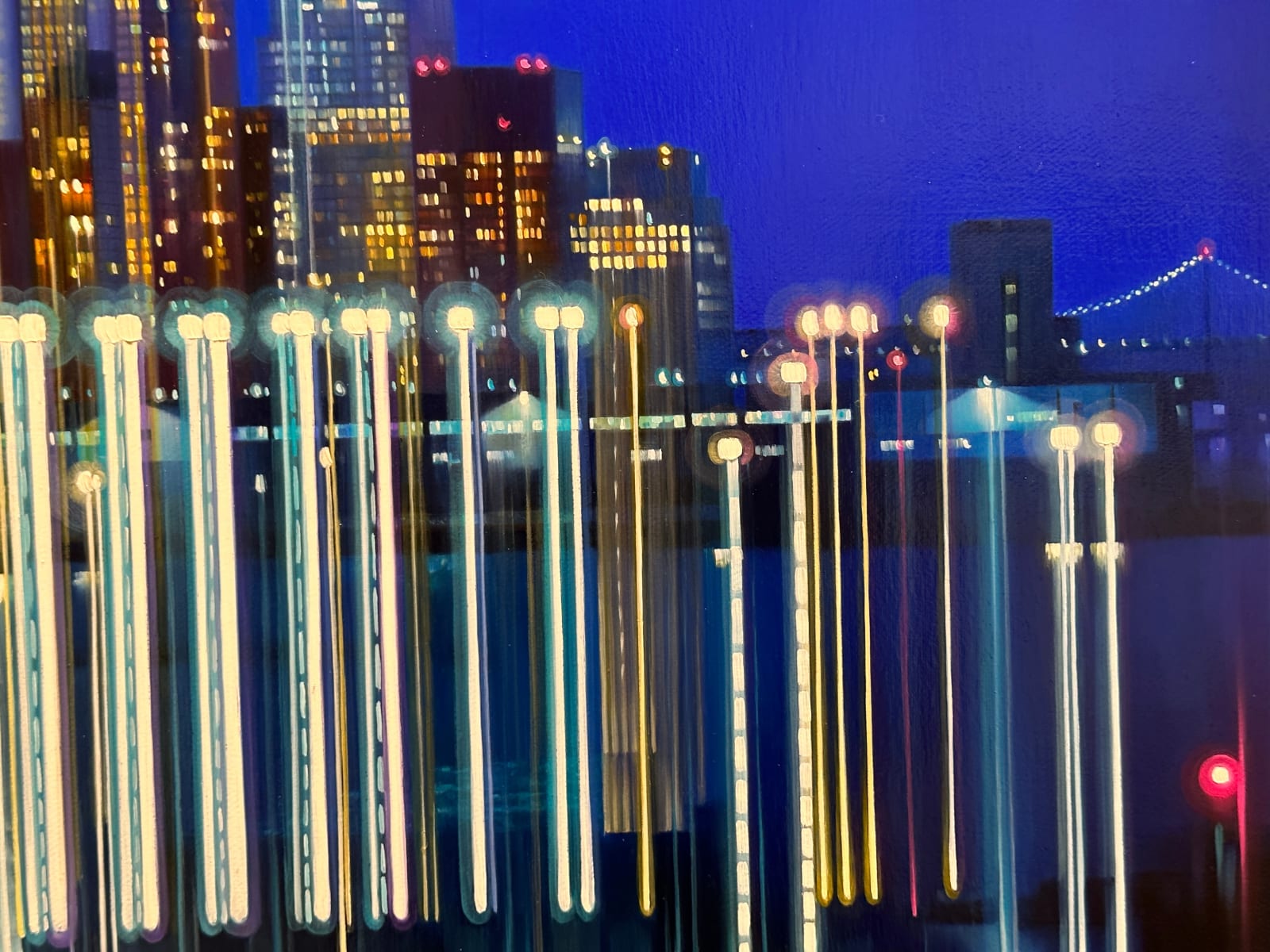 Painting of abstracted city skyline with dark blue night sky