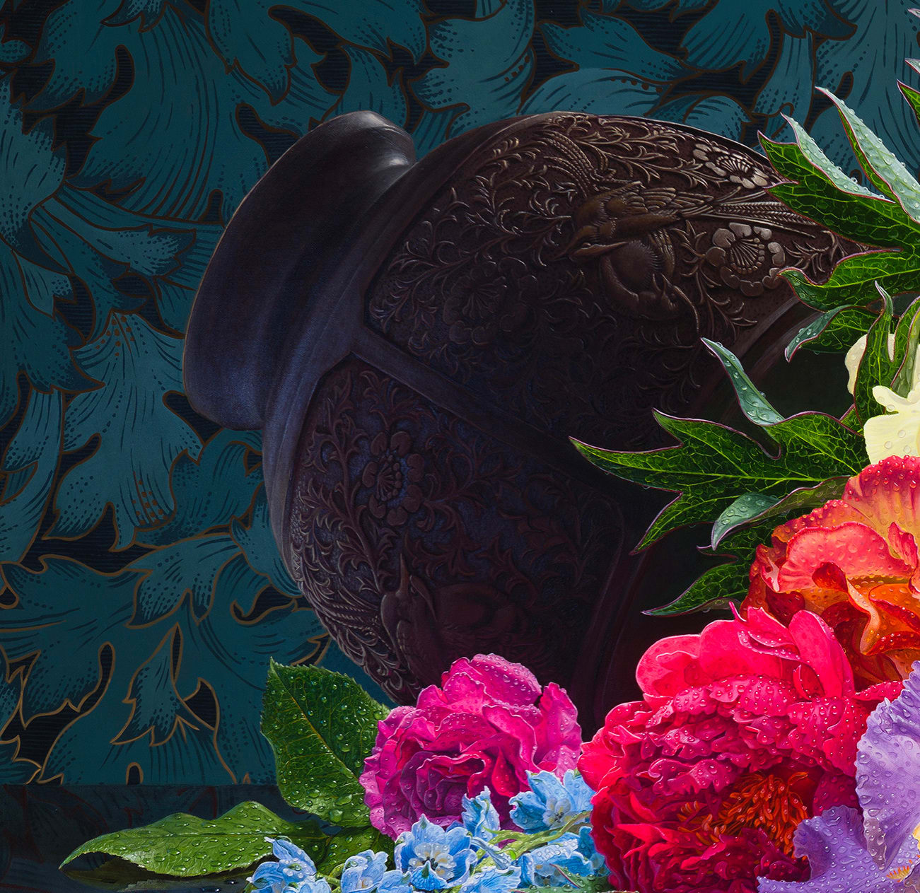 Painting of flowers spilling out of a vase