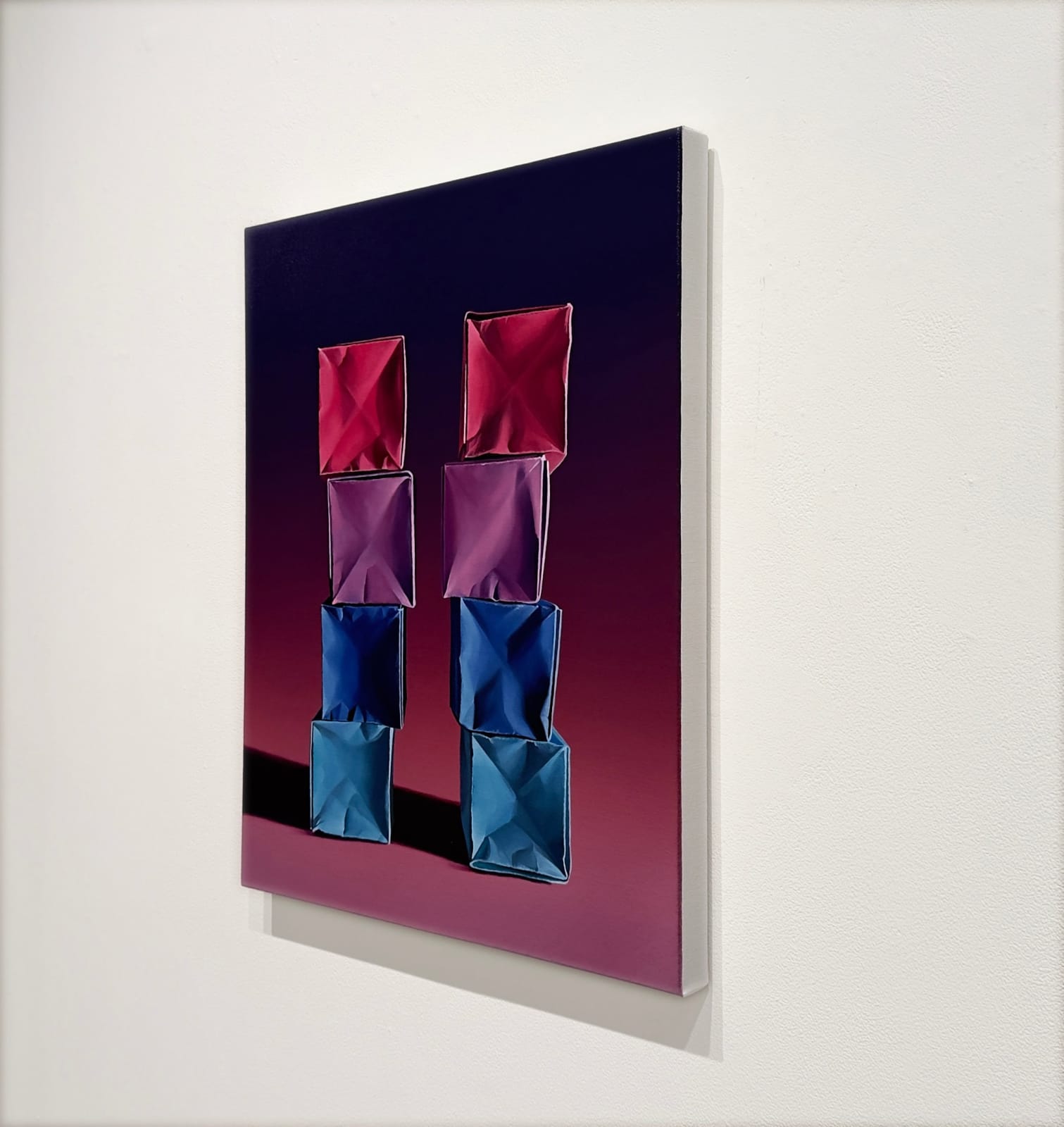 Painting of two towers of paper boxes on a pink/blue gradient background