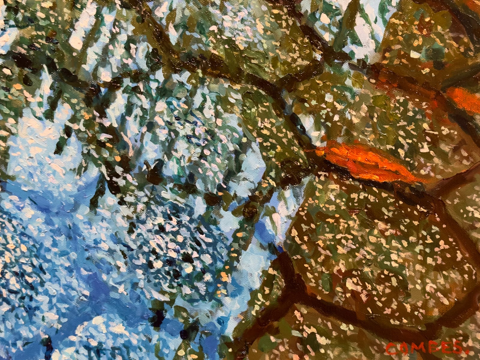 Painting of a puddle with building reflecting in it