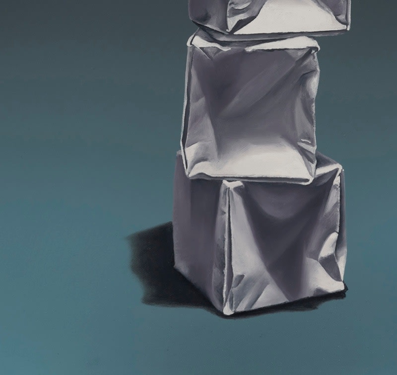 Detail of Right leaning stack of paper origami boxes before a teal and black background