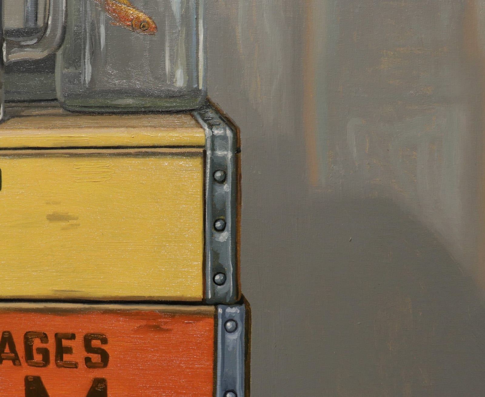 Right detail of Goldfish in different drinking vessels on yellow and orange soda boxes